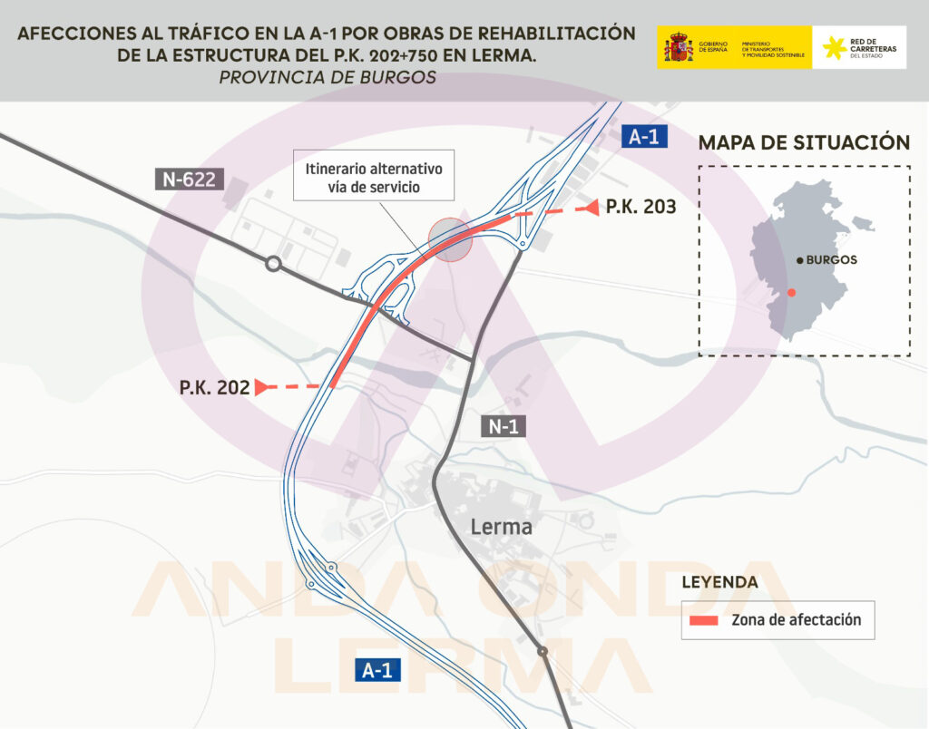 Plano del desvío de la A-1 en Lerma entre los kilómetros 202 y 203 por obras